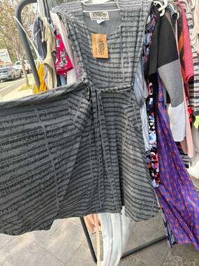 Effie's Heart Gray Musical Sheet Score Print A-Line Dress with Tie Waist